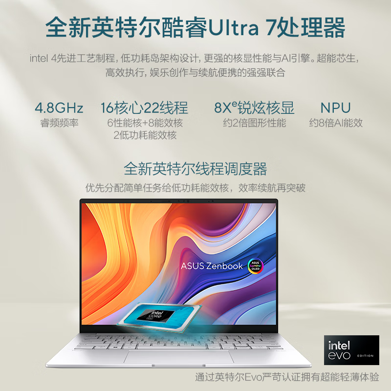 华硕 灵耀14 2024 14寸笔记本电脑英特尔酷睿Ultra 9 2.8K OLED高颜值超轻薄潮流便携商务办公本设计AI Ultra9 185H 32G 2T 冰川银 定制