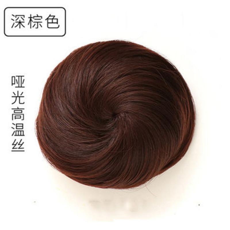 真人发丝发包韩式拉绳直发花苞半丸子头假发女新娘发饰发圈盘发器 深棕色 [假发]
