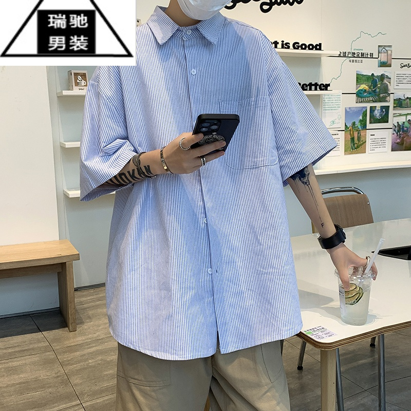 希杰狮王条纹短袖衬衫男2023年新款夏季日系潮牌宽松休闲男生工装衬衣外套