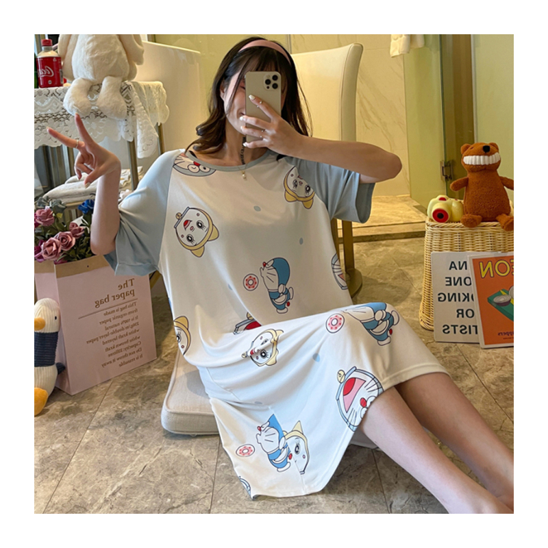 睡衣女夏韩版纯棉可爱卡通孕妇薄款宽松开心猫夏天短袖学生睡裙