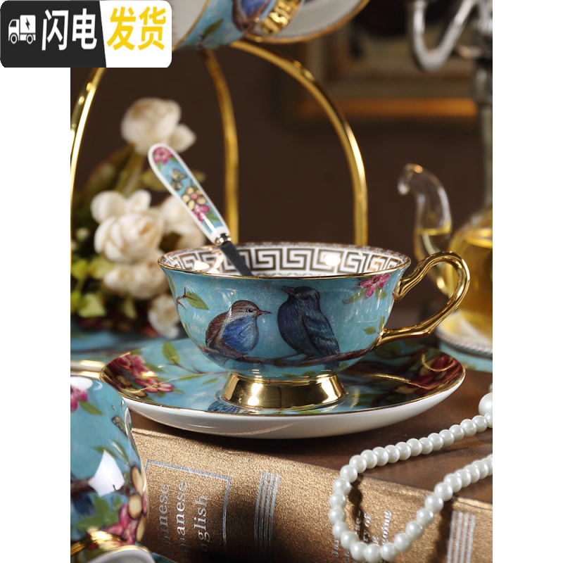 三维工匠梦幻之蓝田园风英式下午茶陶瓷玻璃花茶具套装蜡烛加热茶壶带过滤 梦鸟底座+玻璃6杯碟不含架礼盒装高清大图