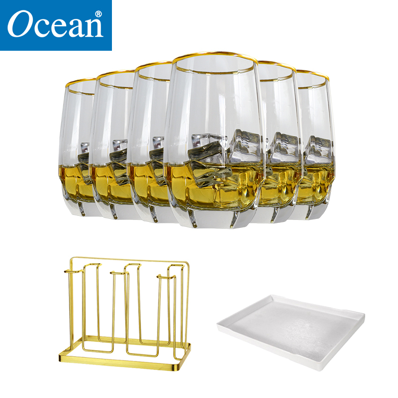 ocean进口无铅玻璃杯水杯牛奶饮料果汁茶杯子ins风杯金边杯6只高杯配水杯架配托盘套装组合
