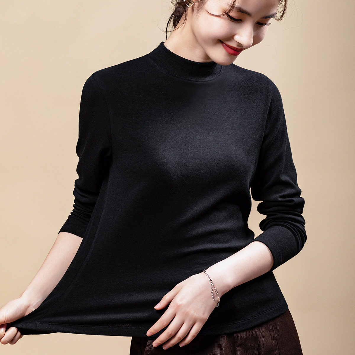 2025秋冬季修身百搭t恤显瘦内搭上衣时尚纯色半高领打底衫女长袖高清大图