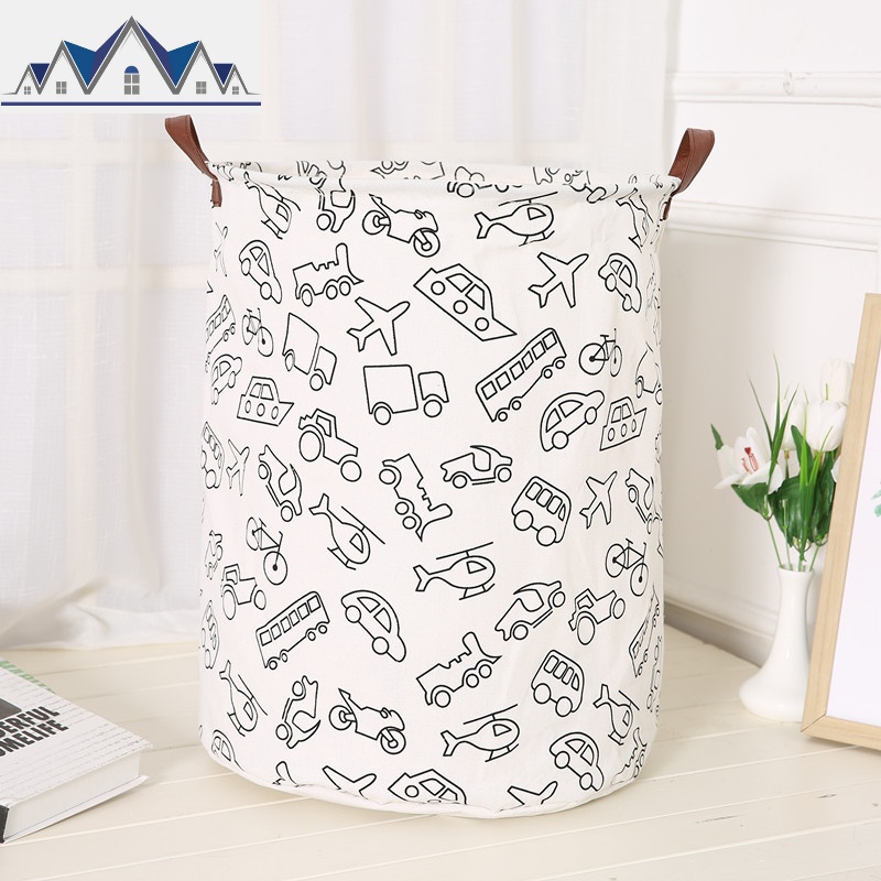 INS北欧风家居儿童玩具收纳桶 皮把手防水整理储物桶棉麻脏衣篮 三维工匠收纳篮 汽车大号