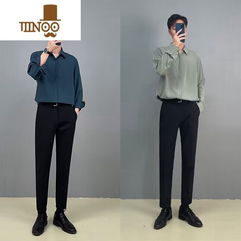 YANXU黑色衬衫男长袖感痞帅潮轻熟风休闲套装痞帅白dk垂感衬黑高清大图