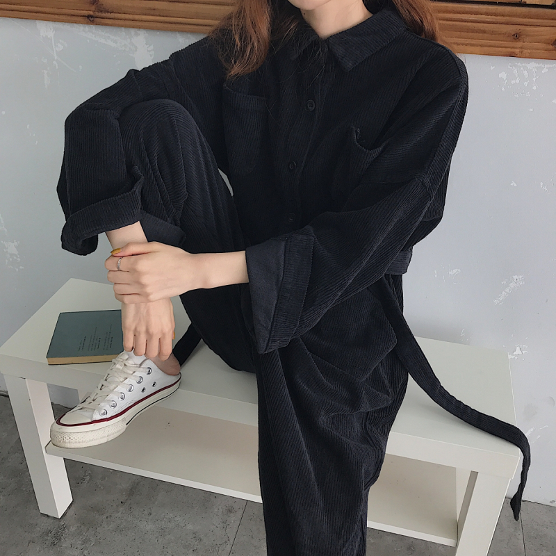 SUNTEK日系秋冬黑色工装连体裤女套装宽松显瘦百搭系腰带灯芯绒萝卜裤子休闲裤