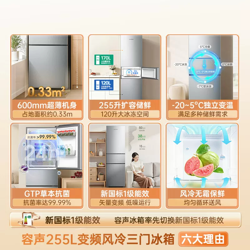 容声255L三门冰箱小户型超薄家用冰箱一级能效风冷无霜出租房高清大图