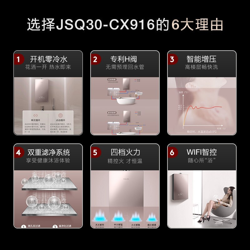 COLMO AI科技产品 16升高端燃气热水器JSQ30-CX916 天然气家用 变频恒温 全时零冷水 智能增压 全面屏