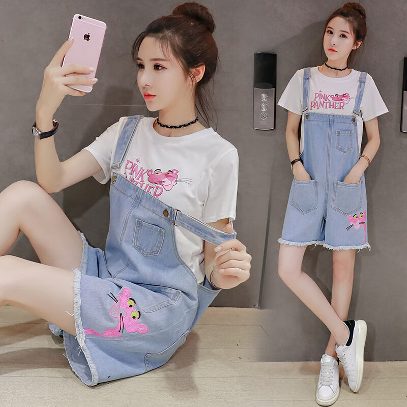 牛仔背带裤女时尚两件套装2018夏新款学生宽松刺绣豹子连体短裤潮