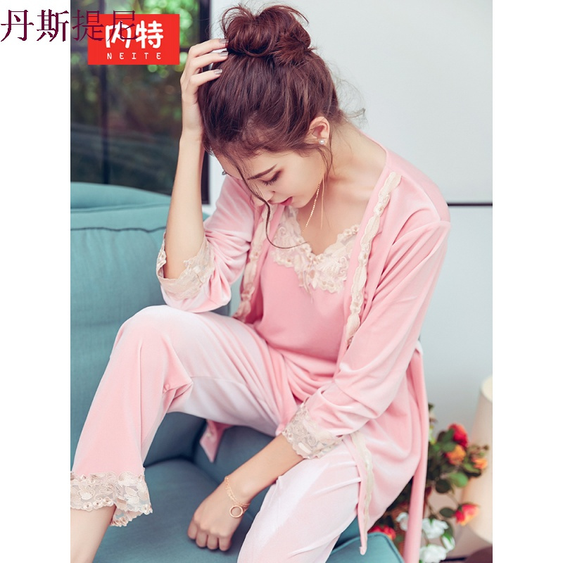 睡衣女秋冬季金丝绒三件套性感带睡袍套装长袖休闲可外穿家居服