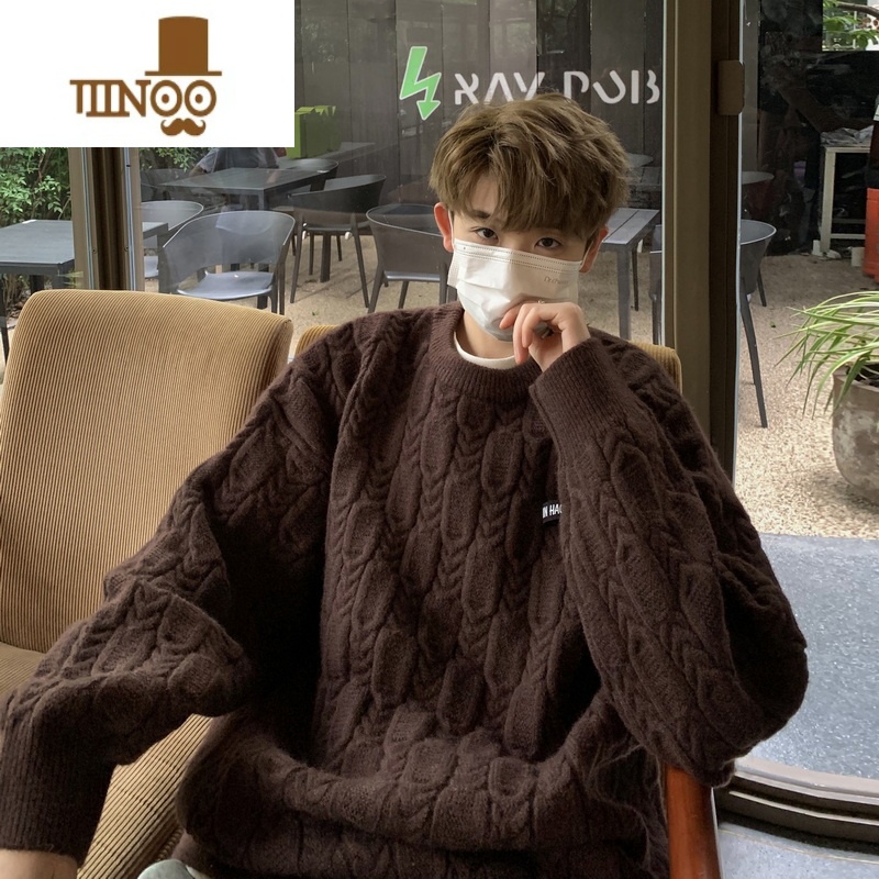 YANXU深棕咖色古着vintage毛衣日系慵懒复古粗线麻花针织衫男oversize 咖色 2XL