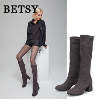 BETSY 羊京布绒面高跟长筒靴子高筒女靴圆头粗跟方跟防水台弹力靴女鞋秋冬街头性感潮流