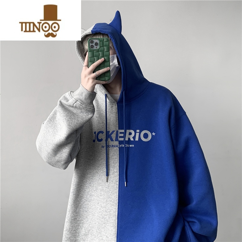 YANXU撞色拼接连帽卫衣男港风宽松慵懒风奶系穿搭潮牌oversize外拼高清大图