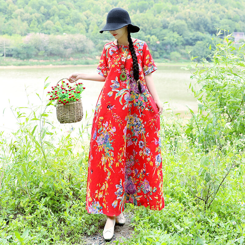 2018夏季民族风女装黄色印花棉麻长裙子大码宽松长款连衣裙ljq