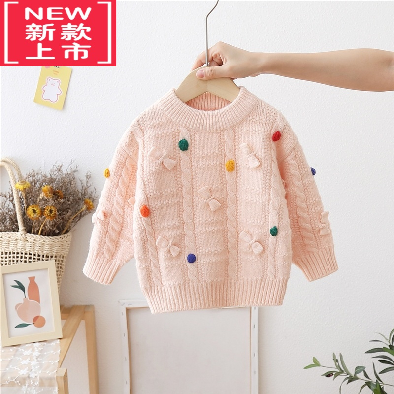 可莉允女童圆领毛衣儿童手工蝴蝶结针织衫小女孩打底宝宝秋冬套头毛线衣