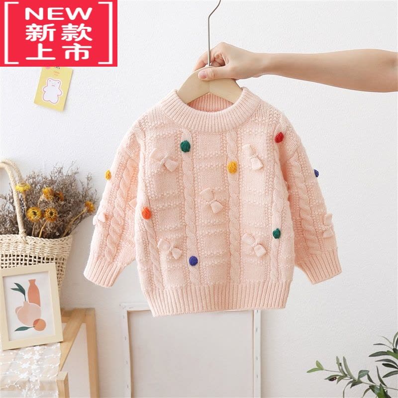 可莉允女童圆领毛衣儿童手工蝴蝶结针织衫小女孩打底宝宝秋冬套头毛线衣图片