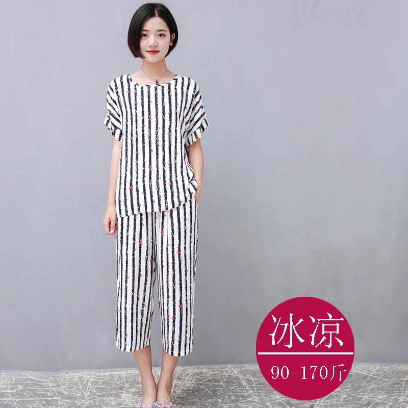 波迷娜(BOMINA)中老年棉绸睡衣女马裤套装2021新款绵绸睡衣套装女夏短袖裤套头大码韩版人造棉休闲服