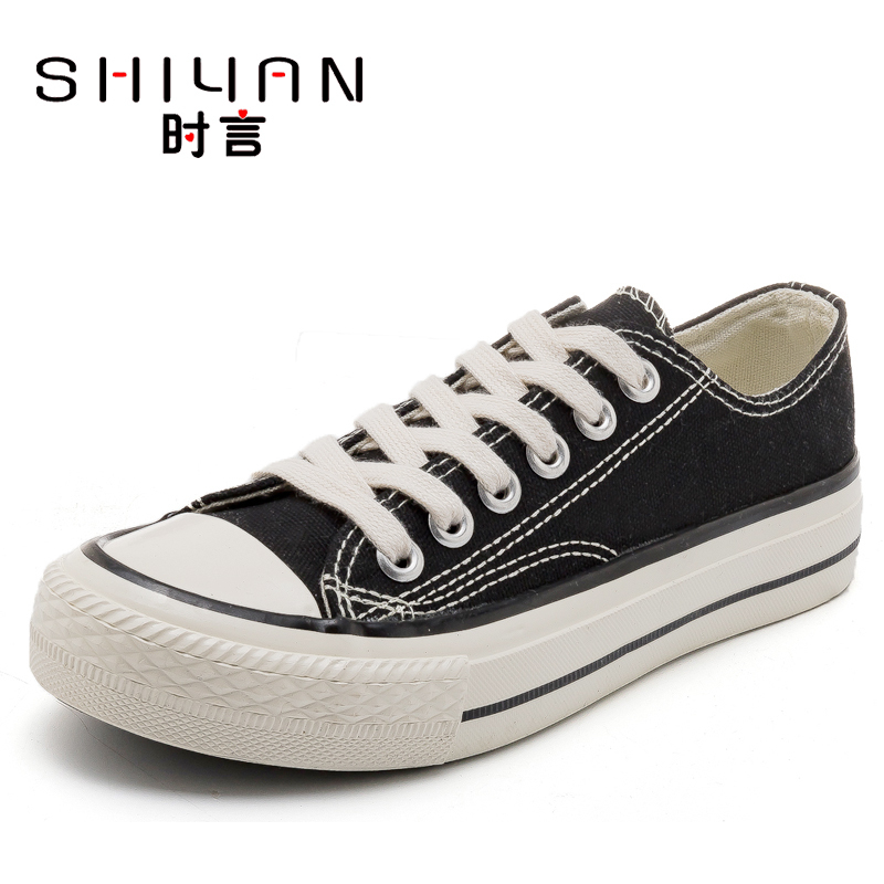 时言(SHIYAN)网红帆布鞋女2022春夏新款学院风平底女士板鞋潮流舒适单鞋透气布面休闲女鞋