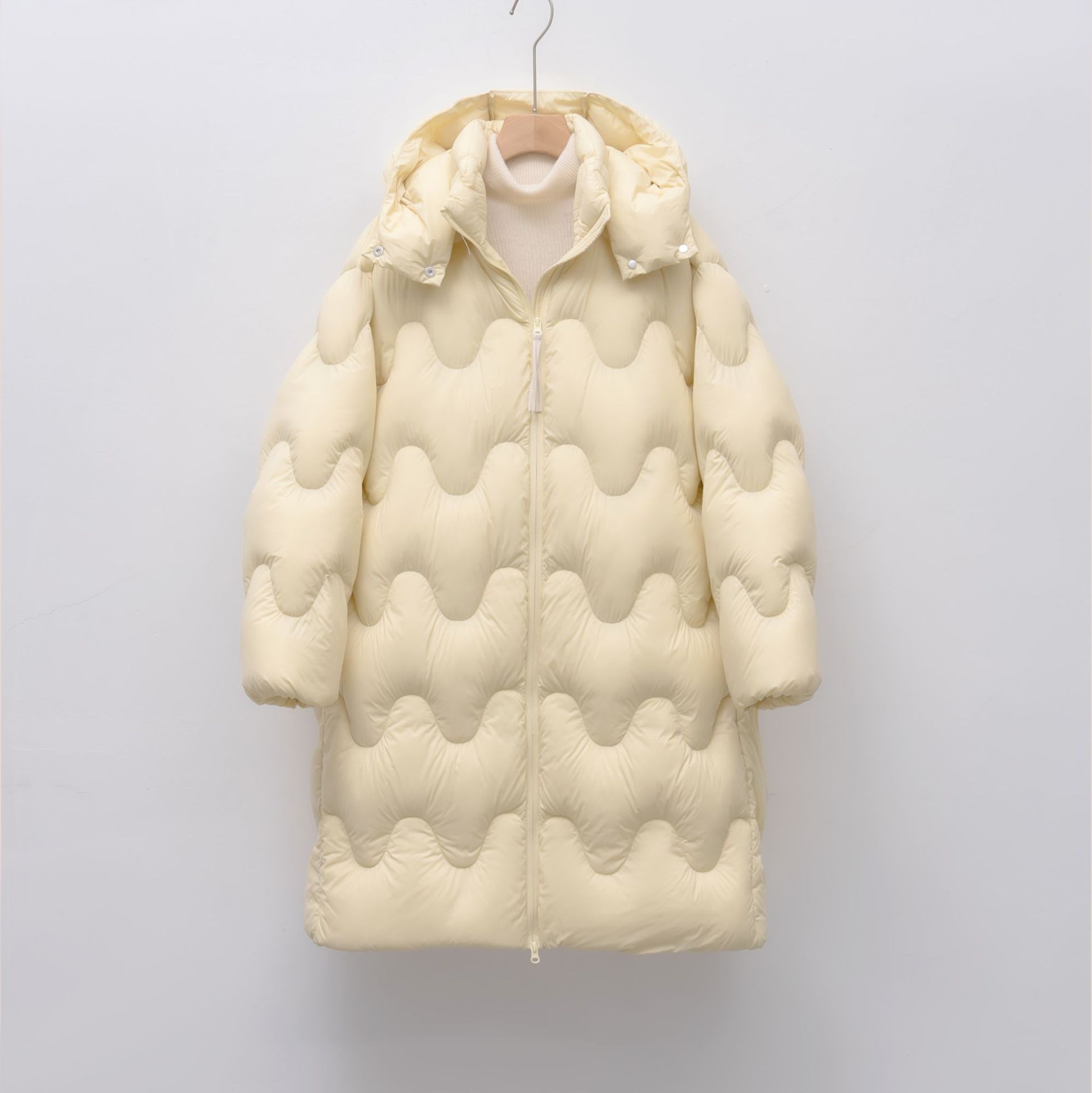 90绒新国标白鸭绒冬加长款简约时尚波浪连帽加厚羽绒服女_77 黄色 S