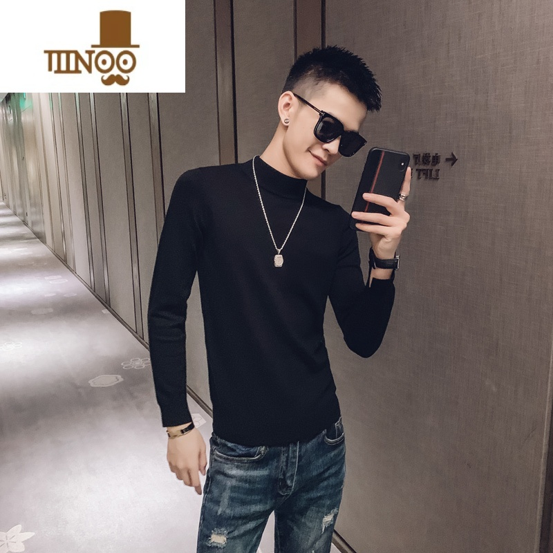 YANXU男装秋季新品青少年长袖虎头针织时尚休闲百搭痞帅修身型上衣修秋 2XL 纯色半高领毛衣黑色