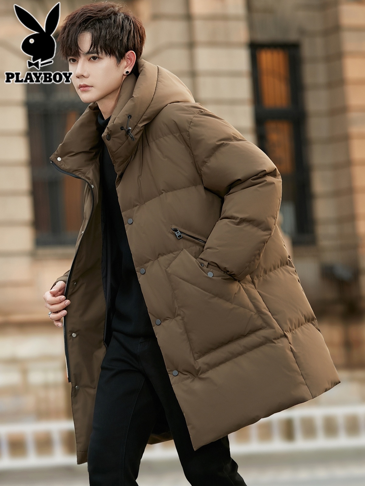 花花公子连帽羽绒服男士防寒服2025年冬季新款时尚中长款外套男款