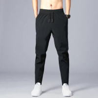 裤子男冰丝休闲裤夏季薄款直筒裤中青年宽松高端力束脚长裤 4XL180~200 黑色平脚长裤夏季冰丝