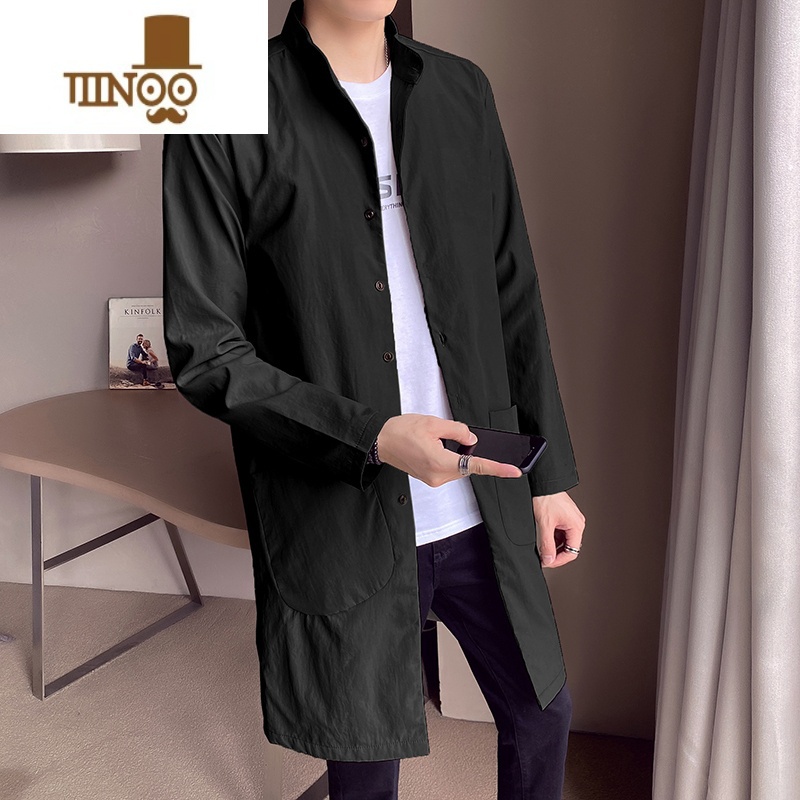 YANXU男士立领风衣2023秋季新款韩版修身薄款百搭休闲中长款外套男高清大图