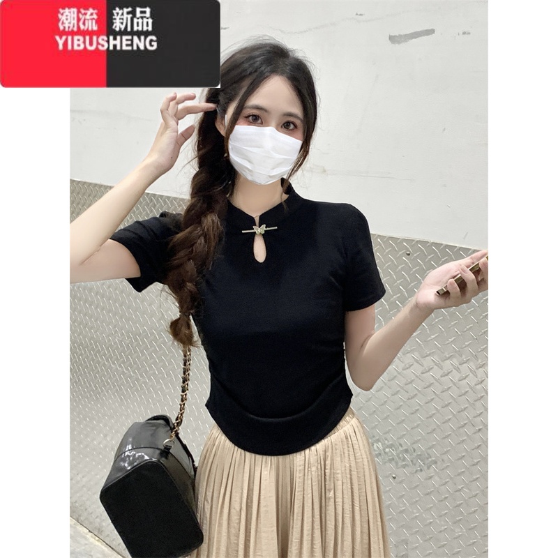 YIBUSHENG新中式中国风短袖t恤女2024季黑色小个子古风修身盘扣短款上N高清大图