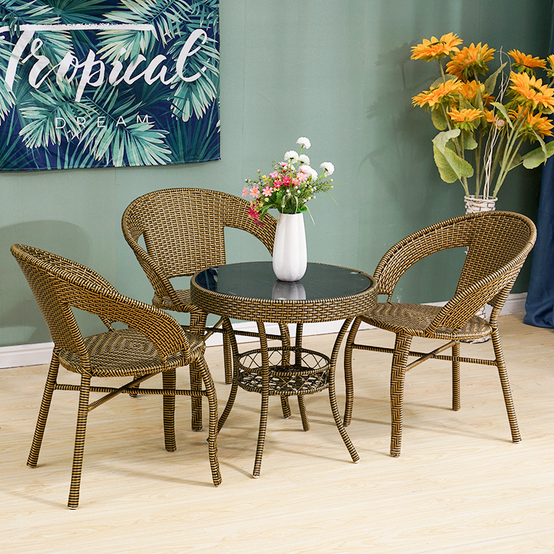 寻木匠阳台小圆桌椅玻璃圆桌子钢化藤编茶几圆形边角几简约休闲桌小