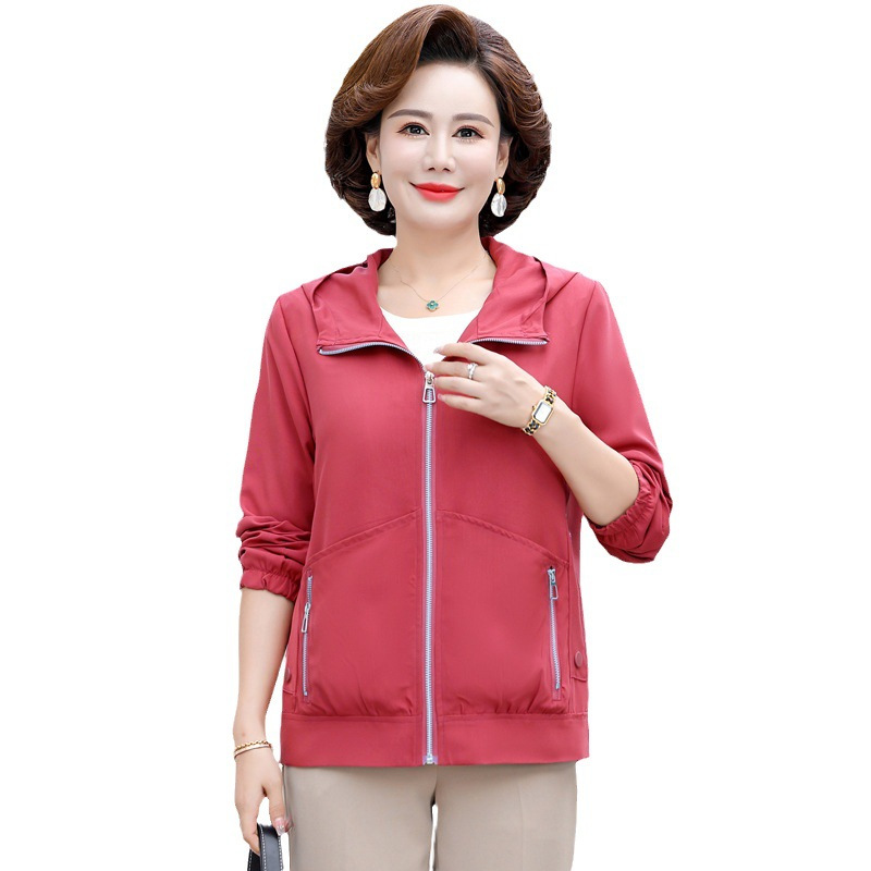 中年妈妈秋装外套2023新款中老年人女装洋气上衣短款纯色休闲夹克