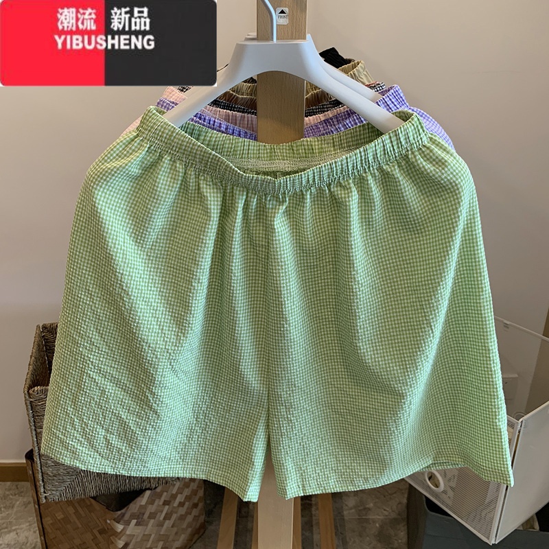 YIBUSHENG格子睡裤女薄款居家懒人裤直筒休闲阔腿裤外穿居家短裤高清大图