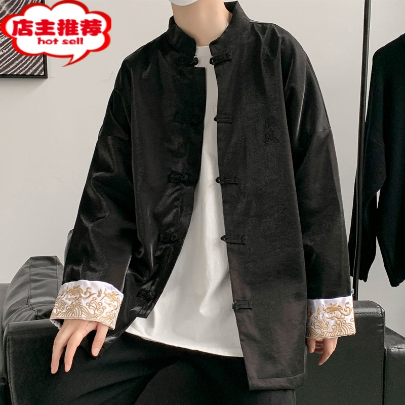 shanchao中国风复古夹克唐装男青年刺绣大码外套秋季民族风男装潮流