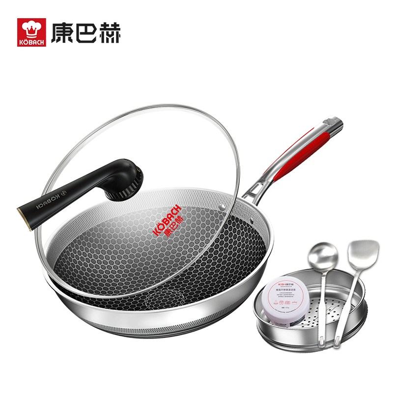 康巴赫(KBH)锅具 第五代抗菌不锈钢炒锅蜂窝双面屏 炒菜锅炒勺电磁炉燃气灶通用 炒锅32cm