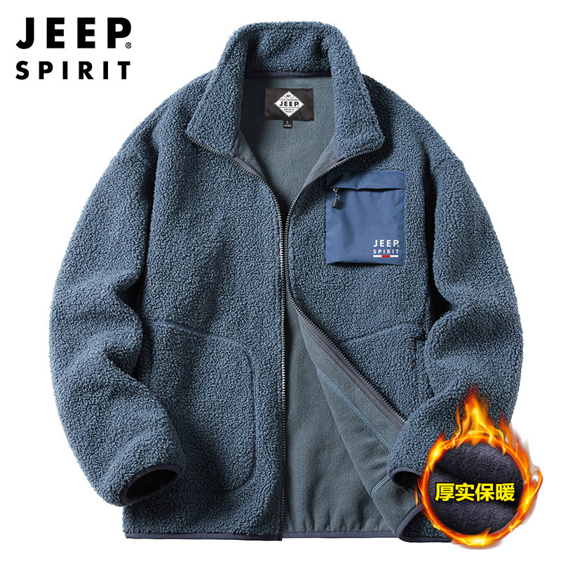 jeep spirit吉普秋冬新款男装抓绒衣男休闲宽松复合绒上衣宽松印花男