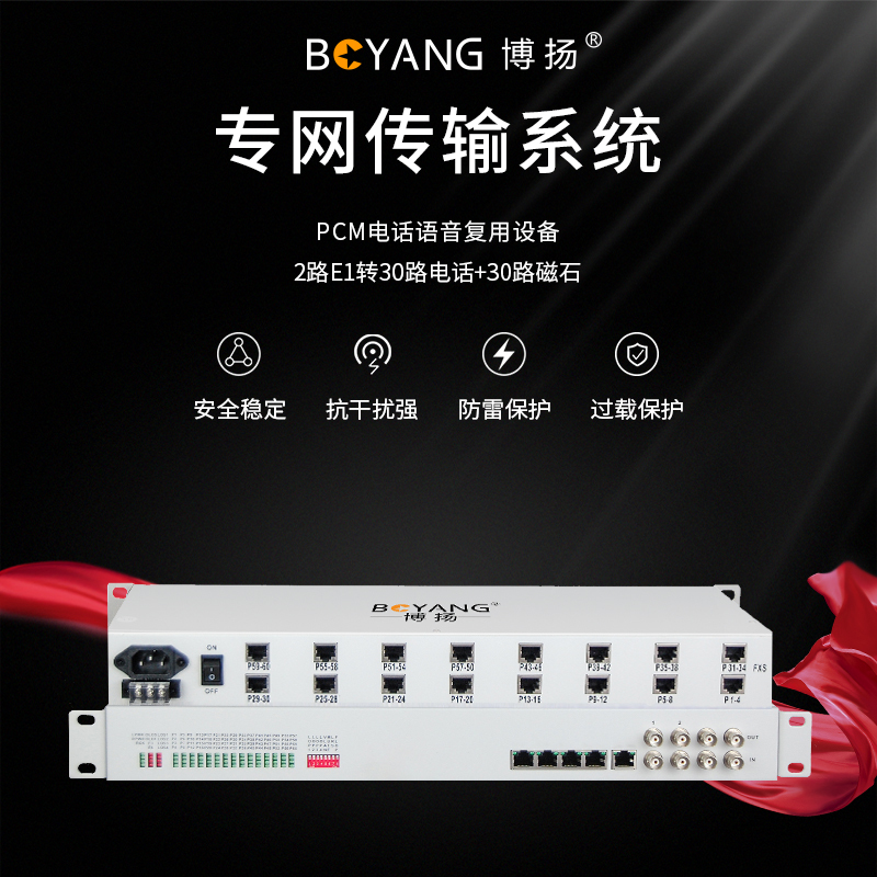 博扬(BOYANG)BY-2E1-30P-30H PCM复用设备 2路E1转30路电话+30路磁石 机架式 1对价
