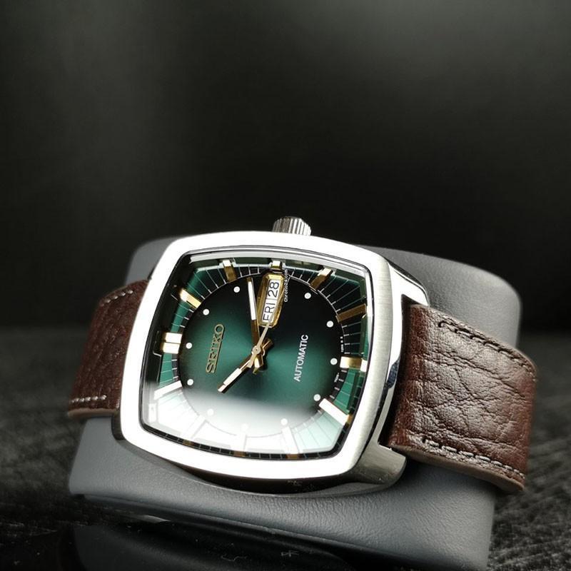 seiko精工男士复古蓝色方形男士手表经典时尚酒桶系列商务休闲机械