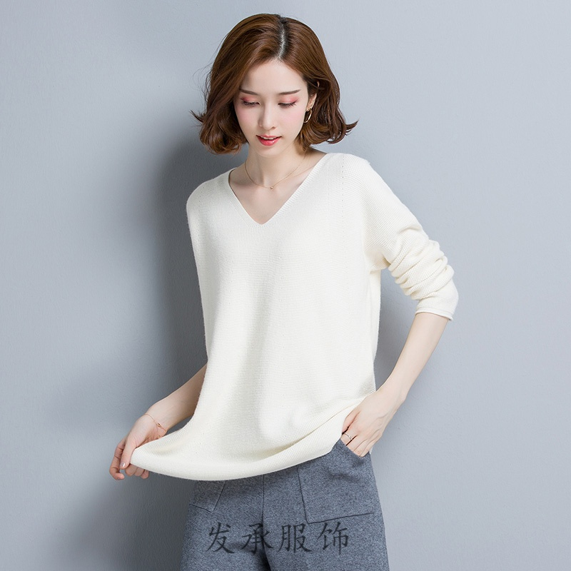 毛衣女2018春秋新款百搭宽松V领针织衫套头韩版长袖短款打底衫薄