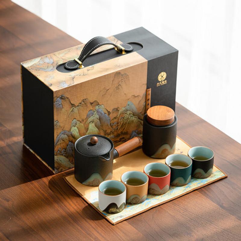 苏氏陶瓷 J09 千里江山·侧把壶茶具组(茶杯*5茶壶*1茶巾*1茶叶罐*1) 8件套 (单位:套)高清大图