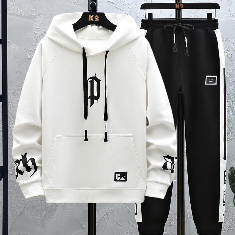 青少年13大童卫衣男春秋装16中学生长袖体恤韩版运动连帽套装 套装春秋款111白色（上衣+裤子） 3XL150-170斤