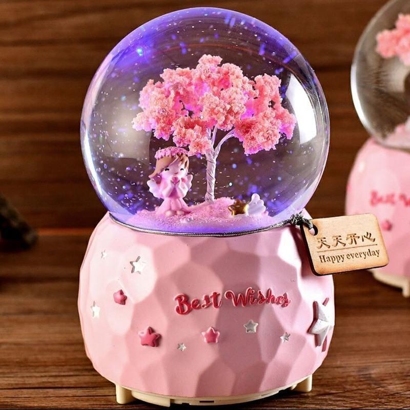 水晶球音乐盒八音盒雪花发光儿童生日礼物女生送男女孩小朋友同学樱花