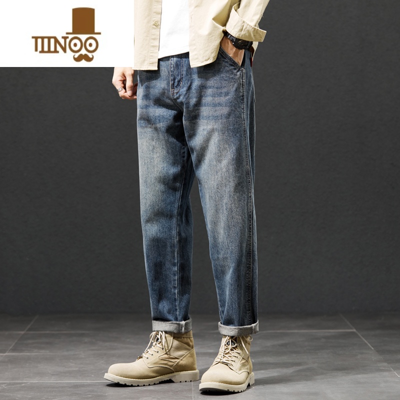 YANXU秋季牛仔裤男士宽松直筒工装大码2023潮牌男装九分休闲长裤子高清大图