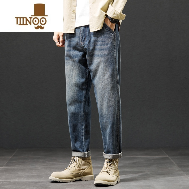 yanxu秋季牛仔裤男士宽松直筒工装大码2023潮牌男装九分休闲长裤子
