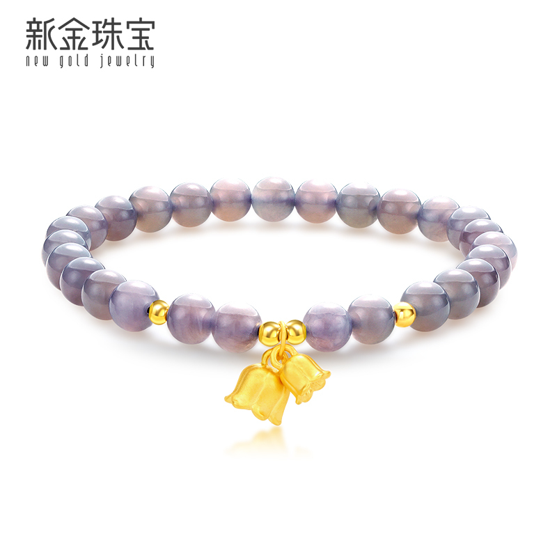 新金珠宝 999足金铃兰花手链女 烟紫料和田玉手串1042