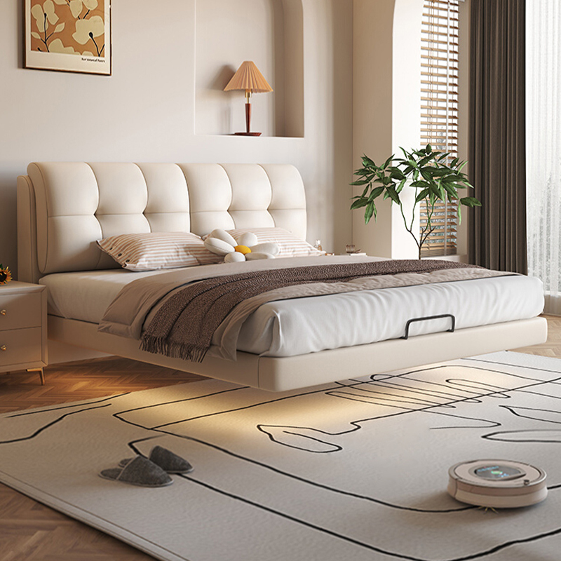 欧梵森北欧奶油风高端真皮床带感应灯悬浮床轻奢主卧软包云朵床双人床