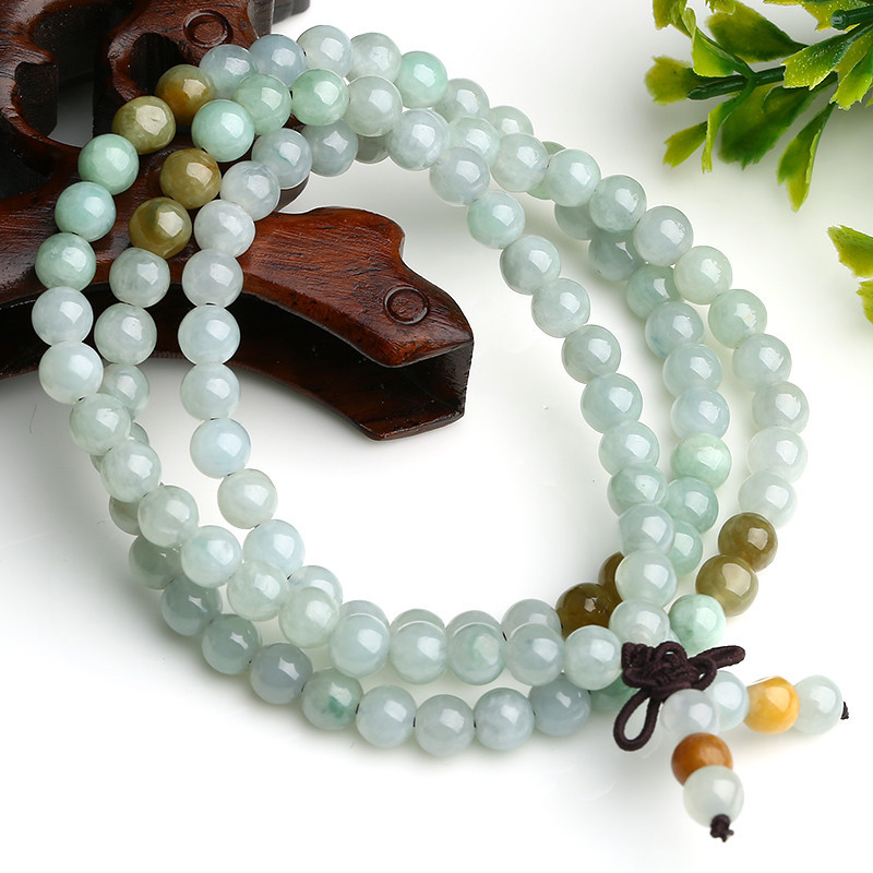 翡翠手环圆珠手串多层佛珠手链男女款玉石小珠108颗手饰品 带证书送女