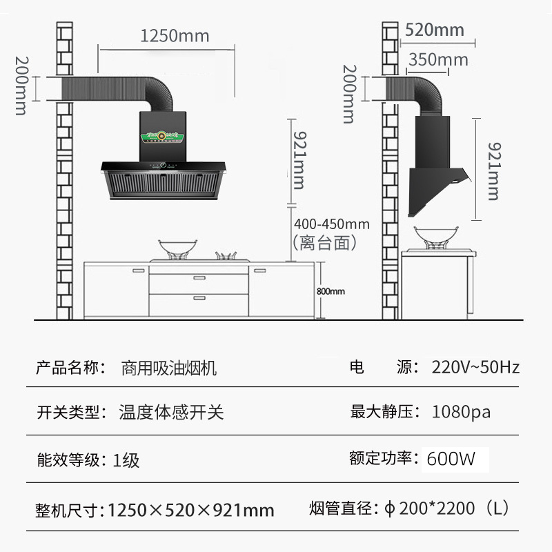 欢呼好太太商用抽油烟机38立方侧吸式 大吸力大功率智能体感饭店农村土灶不锈钢吸烟机排烟罩吸油机1.25米自行安装