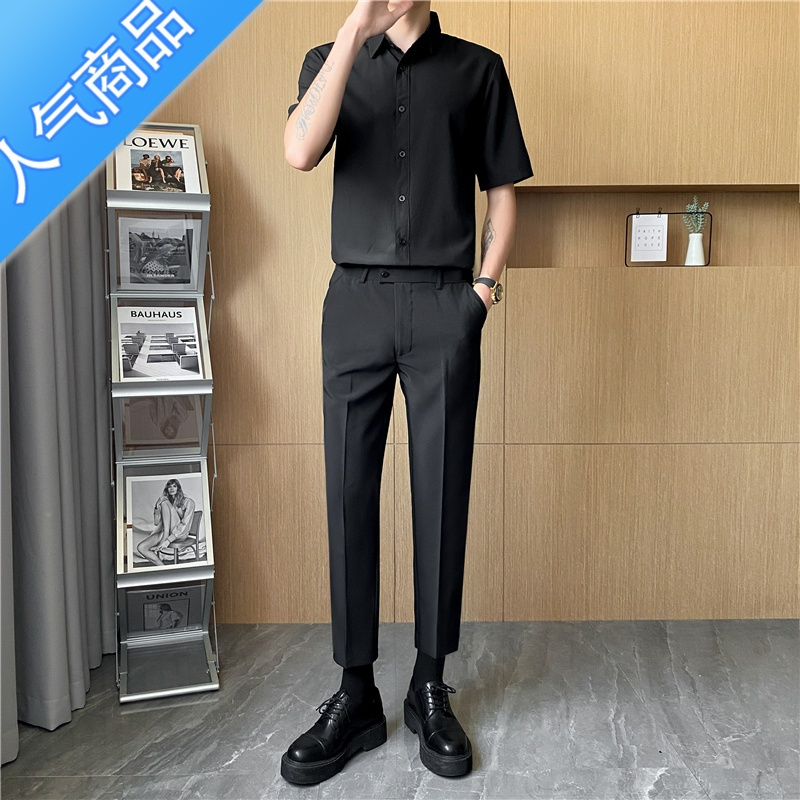 SUNTEK秋季冰丝免烫正装青少年上班黑色衬衫男短袖九分西裤修身两件套装