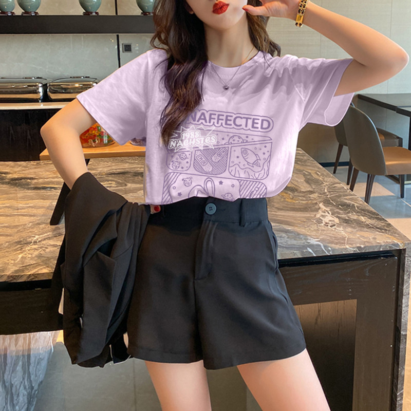 唐狮短袖t恤女夏季新款前胸印花韩版森系小个子宽松上衣百搭
