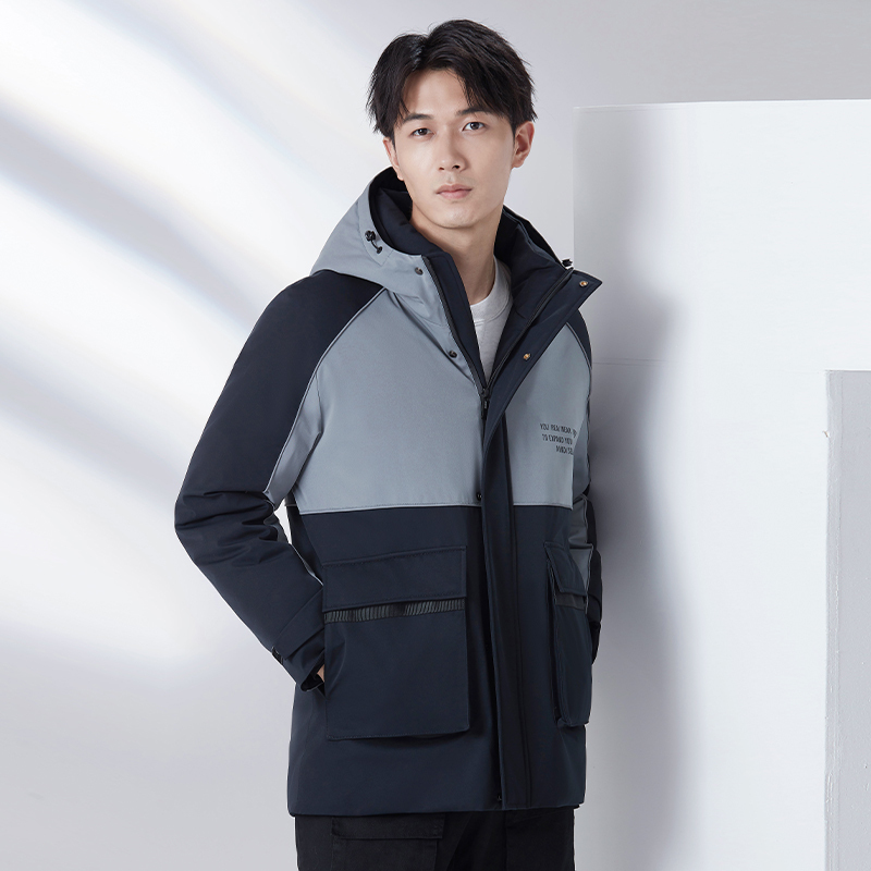 雅鹿2020冬季新款羽绒服拼接连帽时尚青年休闲加厚潮短款外套男D