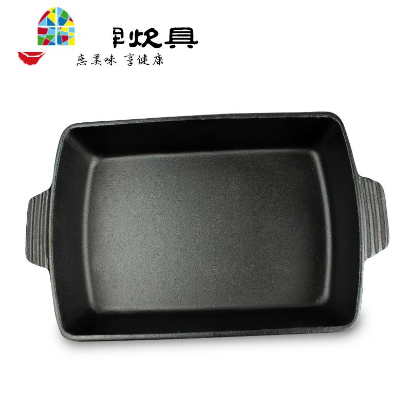 厨师专用铸铁无涂层平底煎锅牛排烤肉饭店用烤鱼长方形锅木盖 FENGHOU 植物油长方形烤盘 33cm高清大图